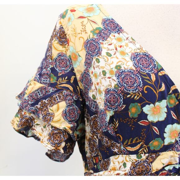 Abel the Label Navy Blue Floral Asymmetrical Hem Maxi Dress Size M Tie Waist - Picture 4 of 6